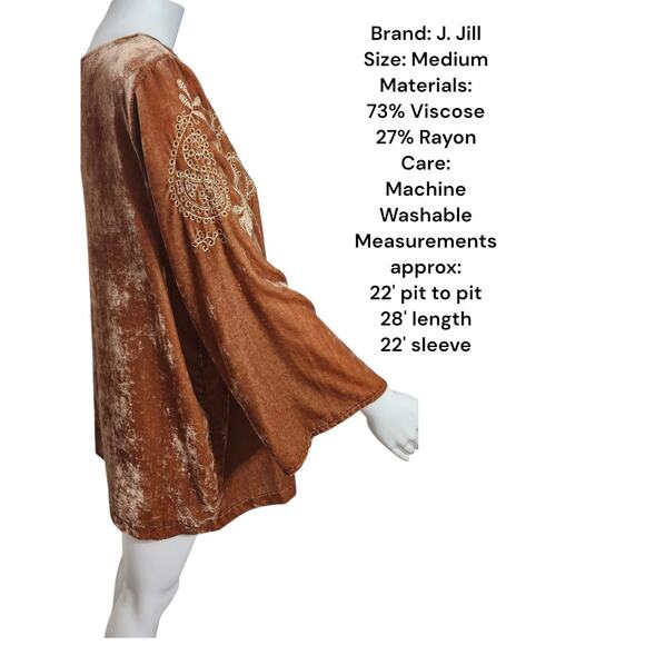J. Jill Embroidered Velvet Top with Bell Sleeves Brown Bohemian Paisley Scroll L - Picture 2 of 10